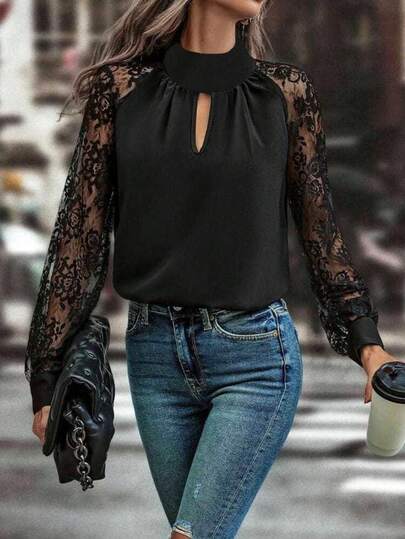 Woman Lace Sleeve High Neck Blouse – Elegant Transparent Floral Mesh Top