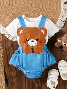 2pcs Baby Girls Cute Solid White Short Sleeve T-Shirt + Bear Graphic Suspender Shorts, Summer Vacation Style - White - View 1