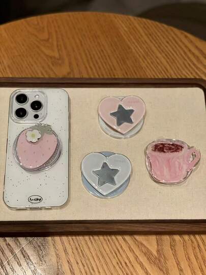 Pink Strawberry Heart Magnetic Phone Holder, Stable Grip Phone Stand, Multi-Function Foldable Air Cushion Phone Bracket