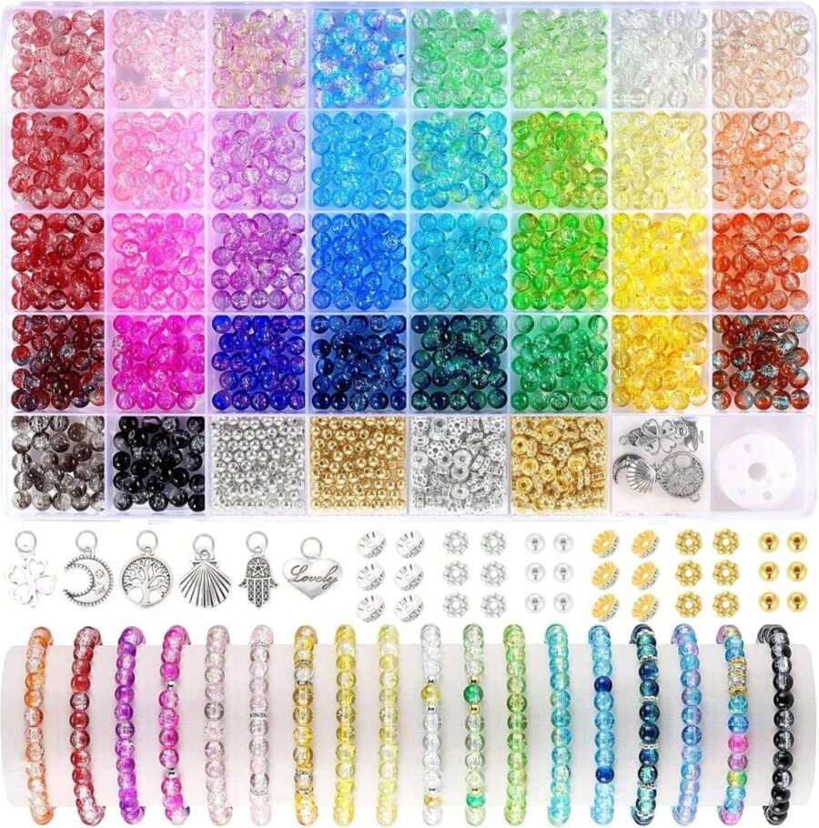 Funtopia 8mm Glass Beads For Bracelets, 36 Colors Crystal Beads For Jewelry Making, 1061pcs Bracelet Making Kit, Round Glass Bead For DIY Earrings Necklace Crafts With Spacer Bead And Charms - Màu E - Xem 1