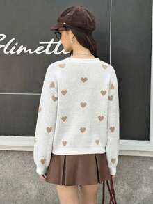 1pc Casual Outdoor Exercise Street Style Petite Heart Pattern Loose Fit Crew Neck Knit Sweater, Warm Thick For Spring, Autumn & Winter, Suitable For Teen Girl - White - View 6