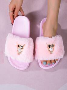 1 Pair Girls Owl Decor Fluffy Anti-Slip Flat Casual Comfortable Fashion Beach Slippers, Suitable For Summer - Pink - View 1