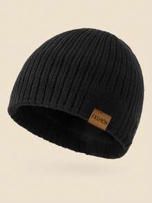 1pc Unisex Fashion Leather Label Thermal Lined Thick Knit Beanie Hat, Men's Winter Warm Brimless Cap, Soft Comfortable Minimalist Suitable For Cold Weather, Casual, Party, Hiphop, Camping, Versatile - D - View 9