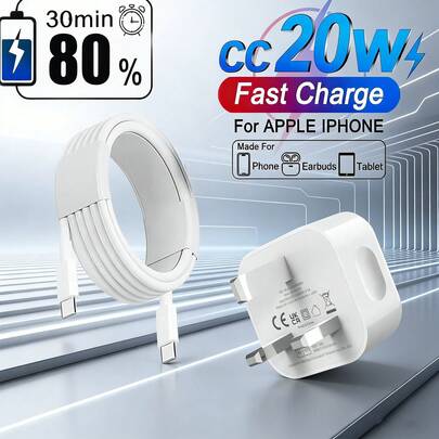 20W UK Plug Charger Set - Fast Charger + 6.6ft/200cm Type-C Cable, Compatible With IPhone 17/16/15, 15 Pro Max, Air, Pro, Galaxy S25/S24/S23, And More