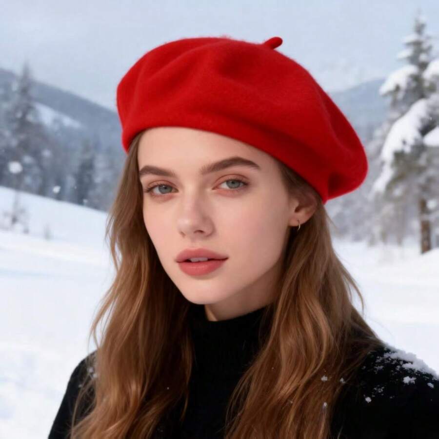 1 pieza Boina vintage elegante, gorra de artista de punto de lana de unicolor, suave y cómoda, ajuste elástico, estilo clásico, elemento de moda versátil para primavera/otoño, gorra plana de estilo francés de unicolor adecuada para uso casual y de fiesta