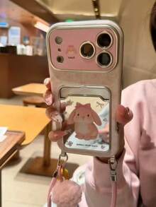 Cartoon Floral Rabbit Mirror Card Holder Phone Case Compatible With Iphone 17 Pro Max, Suitable For Apple 17 Pro, 16, 15 Pro, 14, 13, 16 Pro Max, & Creative Design For Girls - 粉色 - 查看 5
