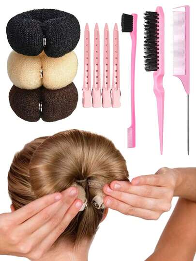 8件套精致复古网格发髻造型工具，三种颜色可选 - 经典高髻镂空发圈，DIY发圈高髻工具，纽扣设计，时尚发饰，适合马尾辫和各种高髻造型，高品质刷子和梳子，配有无缝鸭嘴夹，适合编发、节日庆典、美发和日常护发，女士适用。