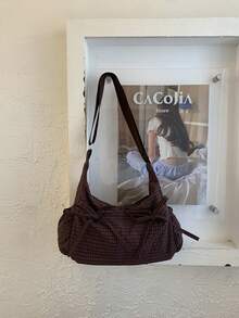 Korean & Japanese Style Plaid Women's Shoulder Bag, Casual & Versatile, Bow Decor, Multi-Pocket, Foldable, Adjustable Strap, Suitable For Daily Use, School/College, Simple & Cute, Pleated, Multi-Pocket, Drawstring Front Pocket Plaid Cloth Bag , Old Money - 彩色 - 查看 3