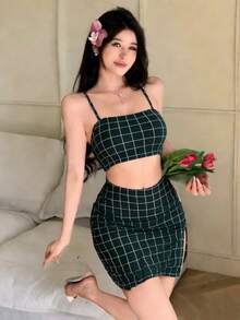 Traje De Dos Piezas A Cuadros Para Mujer - Verde militar - Ver 3