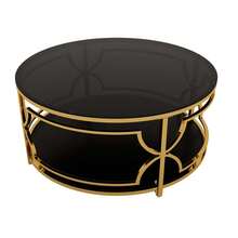 MERAX Round Tempered Glass Coffee Table In 30.7",Luxurious Geometric Metal Frame,Gold Finish & Lower Shelf, Black - Black - View 9
