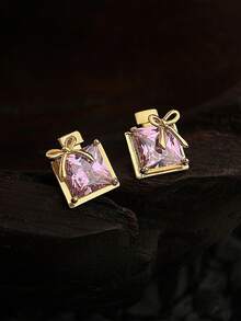 1 Pair Women's Jewelry Earrings With Pink Zirconia, S925 Silver Perfume Bottle & Bow Design, Suitable For Daily Wear, Valentine's Day Gift