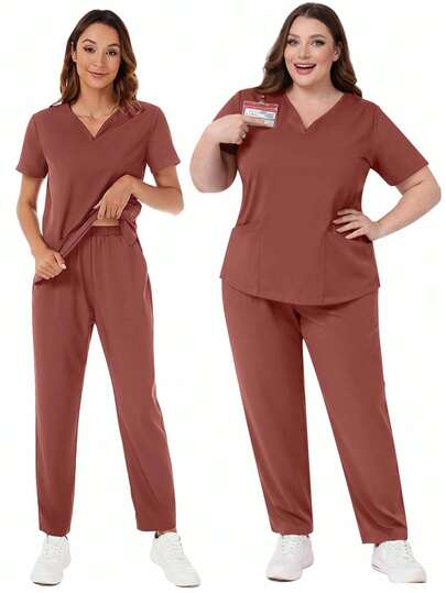 cimmuovere Women's V-Neck Solid Color Double Pocket Top And Double Pocket Pants Scrubs Set, 2 Piece Outfit. Available In Standard Sizes To Plus Sizes. Suitable For Nurses, Scrubs, Workwear, Dentists, Healthcare, Pet Hospital, Laboratory Spring