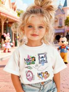 Disney Girls' T-Shirt, Featuring Creative Stitch And Lilo Cartoon Prints. Summer Cotton Crew-Neck Short-Sleeve Tee For Girls, Perfect For Everyday Wear, Vacations, Outdoor Activities, And As A Gift For Children. - trắng - Xem 2