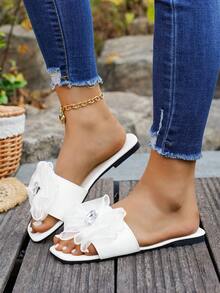New Women's White Beach Sandals With Bow & Crystal Decor, Comfortable Soft Versatile Flat Shoes, Spring/Summer - White - View 3