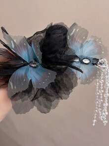 1pc Faux Pearl Butterfly Beaded Tassel Hair Clip, Romantic Crystal Mesh Princess Style Hair Accessory Women Hair Accessories Elegant Hair Claws Fashion Claw Clip - Multicolor - View 4