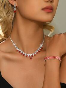 Bộ trang sức cao cấp 4/5 món gồm dây chuyền, bông tai, vòng tay và nhẫn hình học đính pha lê, thanh lịch và thời trang, phù hợp cho đám cưới, tiệc tùng và đi làm hàng ngày. - Màu xanh lam - Xem 5