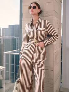 Sollinarry Women's Autumn New Fashion Striped Pressed Line Pocket Decor Long Sleeve Top And Pants Casual 2-Piece Set, Old Money Style, Teacher Outfit, Random Stripes - Red and White - View 4