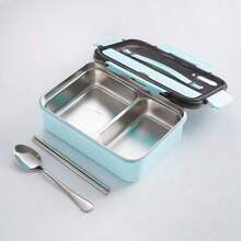 Stainless Steel Insulated Lunch Box - 304 Stainless Steel, Microwave , Portable Student Compartment Container With Handle For School, Picnic, And Travel, School Bento Box | Slim Metallic Surface | Durable Insulated Food Container - Màu xanh lam - Xem 9