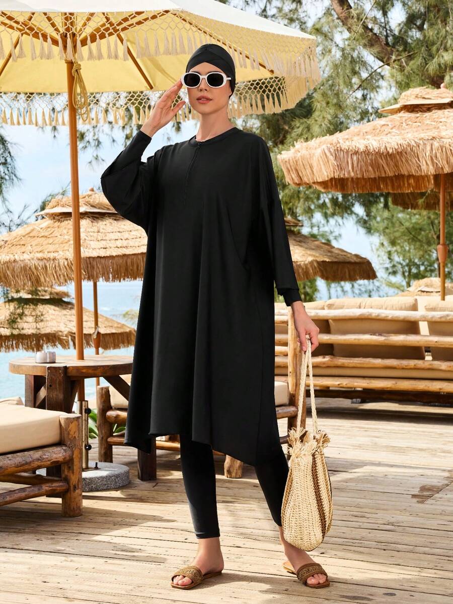 Women's Casual Full Coverage Burkini Swimsuit, Round Neck Design, With Zipper And High Waist Bottom, Stretchy Fabric Vacation
