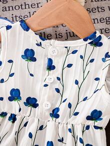 2pcs Baby Girl Floral Print Sleeveless Bodysuit & Hat Set, White & Blue, Spring/Summer - Beige - View 6