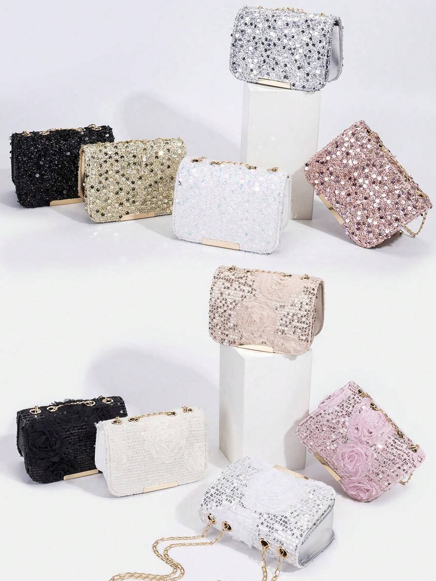 1pc Girls' New Lace Flower Fashion Sequin Crossbody Bag, Stylish Sequins Shoulder Bag, Evening Clutch, Chain Bag, Lipstick Pouch, Coin Purse, Wallet, Suitable For Daily, Party, Travel, Ideal Gift - Multicolor - View 1