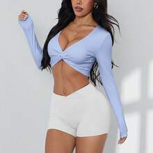ATTRACO 性感黑色长袖深V领上衣，女士瑜伽运动扭结前片设计健身背心，休闲健身运动文胸 - 霧霾藍 - 查看 3