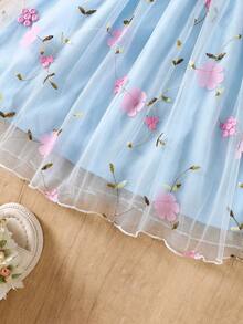 Young Girls' Spring/Autumn Knitted Flutter Sleeve Camisole Top Paired With Embroidered Floral Mesh Princess Dress, Casual Dress Set - Blue - View 5