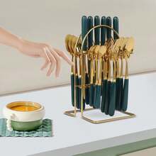 24-Piece Cutlery Set, Stainless Steel Cutlery Set With Stand For Kitchen Hotel - Dark Green - View 2