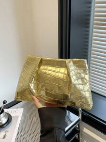 新款春夏时尚纯色手拿包，鳄鱼纹压花，褶皱云朵造型收纳包，纯色休闲信封包，化妆包，旅行配件包，内衬包，洗漱包，收纳袋 - 金色 - 查看 6