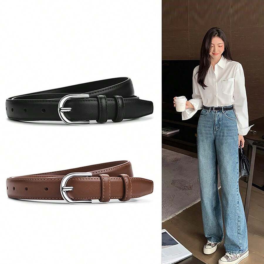 ECHAIN 1pc 2025 New Women's Casual Versatile High-End Belt, Suitable For Pants, Jeans, Silver Buckle, Pockets, Summer, School Autumn, Halloween, Valentine's Day - Multicolor - View 1