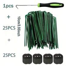 一套（25个地钉+25个垫圈+1个挂钩）绿色草坪立柱，U型花园立柱带垫圈，6英寸镀锌重型钢地板立柱，用于固定草坪的景观帐篷立柱，用于修复复杂草坪障碍物的除草布和织物，耐用金属庭院地钉 - 黑色墊片 - 查看 13