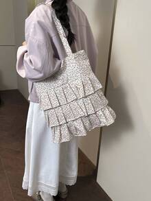 Bolso de lona con volantes en los hombros, estilo Mori, versión coreana de literatura y arte para estudiantes, bolso de lona suave para chicas, nuevo para el verano 2024 - Blanco - Ver 4