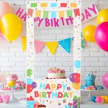 1件彩色生日主题照片背景框，色彩鲜艳，带有“生日快乐”字样、气球和蛋糕图案 - 非常适合公主主题派对装饰、趣味生日派对拍照道具、生日派对装饰拍照亭道具