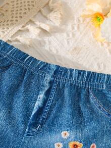 2pcs/Set Baby Girls 3D Deer Print Short Sleeve Denim Effect Shorts Set, Suitable For Summer - Multicolor - View 7