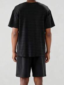 Snug League 2 件男士纯色休闲宽松简约休闲套装带口袋，圆领短袖上衣和短裤，春夏睡衣 - 黑色 - 查看 2