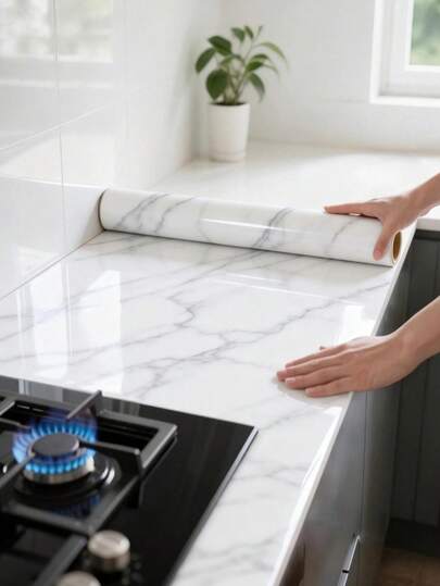 1 Rolle glänzend weiß/rosa Marmor Kontaktpapier für Arbeitsplatten, Granit Tapete, Marmor Selbstklebende Tapete, abnehmbare Wandverkleidung für Küche, wasserfest, ölfest, leicht zu reinigen, Vinylrolle