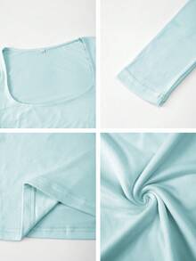 Vaiaye 女士春夏性感修身长袖针织上衣，纯色方领T恤，休闲百搭，简约日常休闲装 - 薄荷綠 - 查看 11