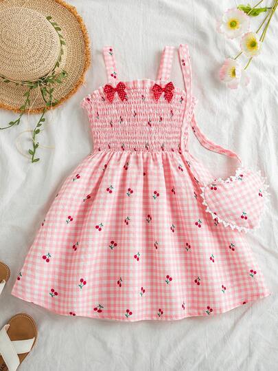 Young Girls' Valentine's Day Summer New Pink Cherry Print Slip Dress With Red Bow Retro Sweet Style Dress With Heart Shaped Bag