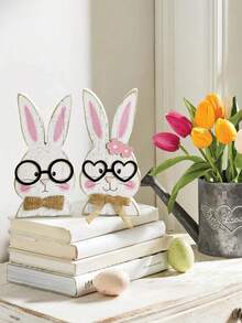 زوج أرانب خشبية عتيقة للديكور، أرانب بيضاء بطراز ريفي فارمهاوس لديكور المكتب والمنزل في عيد الفصح، هدية عيد الفصح الجميلة، قطعتان - متعدد الألوان - مشاهدة 4