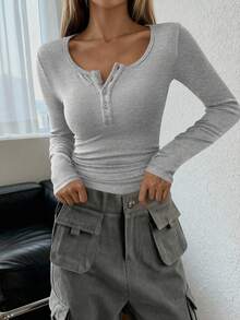 Women's Spring  Fall Long Sleeve Henley T Shirts Button Ribbed Knit Slim Fit Basic Tops Blouse Casual Outfits Valentine's Day Vacation Outfit Women - Màu Xám nhạt - Xem 1
