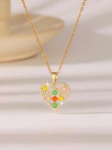 1pc Elegant Pendant Necklace, Stainless Steel Cubic Zirconia Decorated Heart Geometric Pattern Pendant Necklace, Exquisite Holiday Gift For Women, Suitable For Valentine's Day, Mother's Day, Birthday - Yellow Gold - View 16
