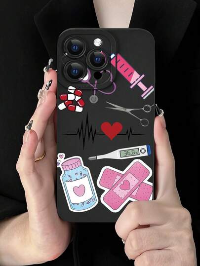 Funda de teléfono con diseño de collage de pegatinas con tema médico en rosa y rojo: Elegante, popular, personalizada, diseño de patrón negro clásico de lujo a prueba de golpes, estética linda, protección de la protuberancia de la lente, compatible con iPhone 17/17Pro/17Pro Max, 16, 15,14, 13, 12, 11 Plus/Pro Max y Series, y compatible con Galaxy S/A Series, regalo para el Día de Pascua, decoración/regalo para cumpleaños, novia, novio, amigo o usted mismo