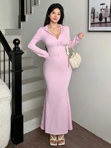 abyoxi 两件套女士优雅粉色连帽拉链露脐上衣和美人鱼长裙，时尚休闲套装，适合户外、街头、运动、日常穿着，性感风格，露脐上衣搭配美人鱼长裙，适合春秋季穿着。 - 粉色 - 查看 5