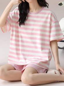 [Đồ ngủ AICJ] Bộ đồ ngủ nữ 2 món, phong cách thường ngày, mùa xuân/hè, áo sơ mi kẻ sọc tay trễ và quần short, đồ mặc nhà thoải mái, thích hợp cho cả ngủ trong nhà và ngoài trời. - Màu Hồng baby - Xem 6