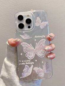 1pc Silver Feather Chiffon Minimalist Phone Case With Pink Butterfly & 3D Metal Stand, Compatible With IPhone 11/12/13/14/15/16/17/Pro Max - Silver - View 3