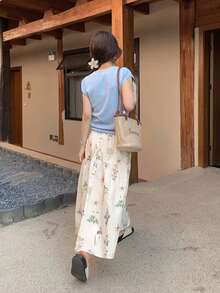 小巧精致的碎花松紧腰A字裙，春夏款 - 杏色 - 查看 5