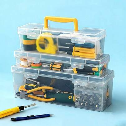 1Pc Clear Hardware Tool Storage Box With Removable Dividers, Optional 1 Outer Case Only Or 1 Outer Case + 6 Inner Small Boxes Set, Multi-Functional Plastic Organizer With Yellow Handle For Screws, Nuts, Bolts, Wrenches & Small Parts, Perfect For Home Garage, Workshop, DIY Crafts & Hardware Organization, Portable & Stackable Design, & Shatter-Resistant