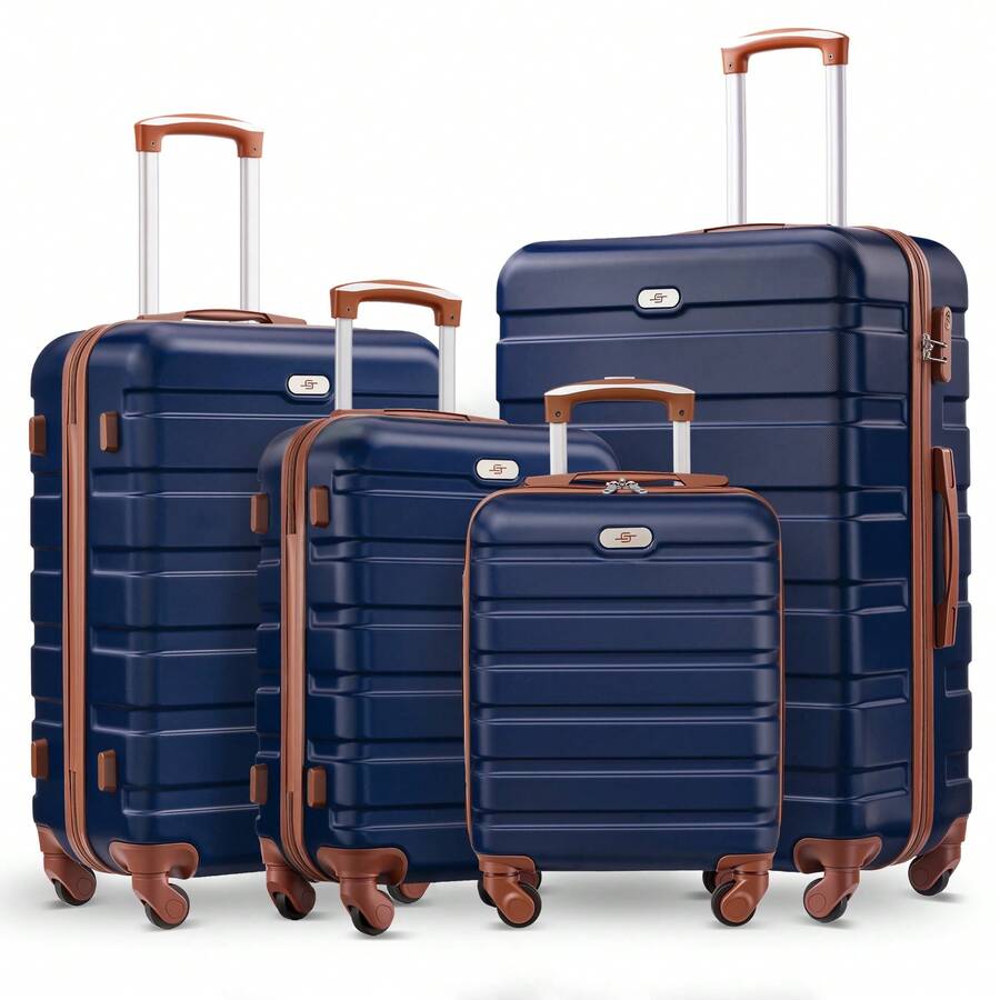 4 Piece Luggage Set 16/20/24/28 Inch Hardside Lightweight Suitcase With Spinner Wheels (Purple) - 海軍藍/棕褐色 - 查看 1
