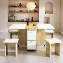 Dining Table And Chair Set (Table And 4 Chairs), Folding Table, 120 X 80 X 75 Cm, Multifunctional Extendable Table, Chairs, White, Oak And Black - White - View 12