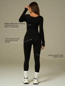 UONNOU Jumpsuit Olahraga Bergaris Pengangkat Bokong Bentuk Buah Persik, Bodysuit Yoga Lengan Panjang Leher Persegi untuk Musim Gugur dan Musim Dingin - Hitam - View 4
